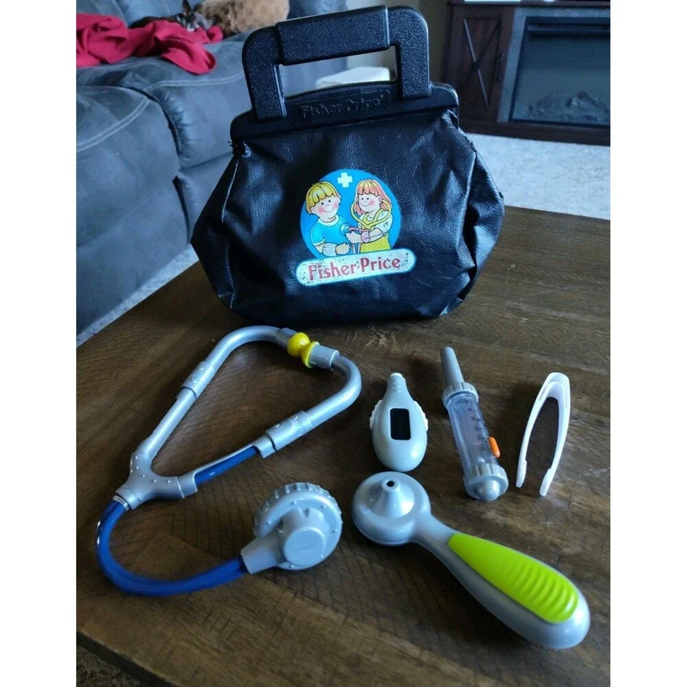 Vintage Fisher Price Medical Kit Doctor Bag 1987 Black w/ Accessories